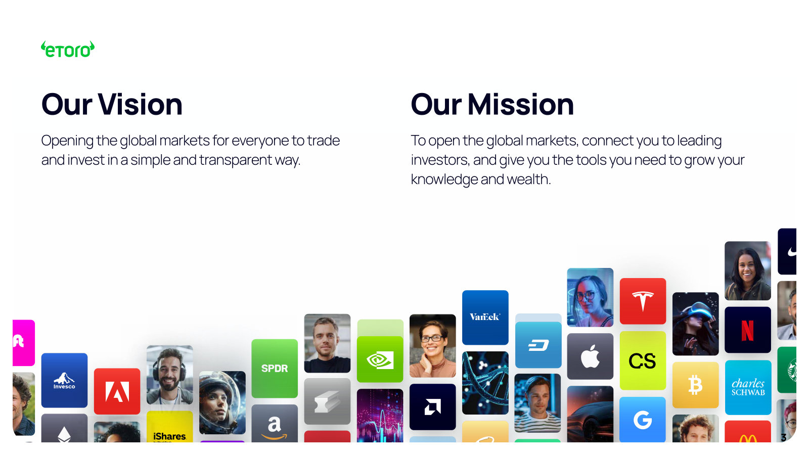 Vision and mission in one line: open the global markets to everyone — the framing for everything that follows.